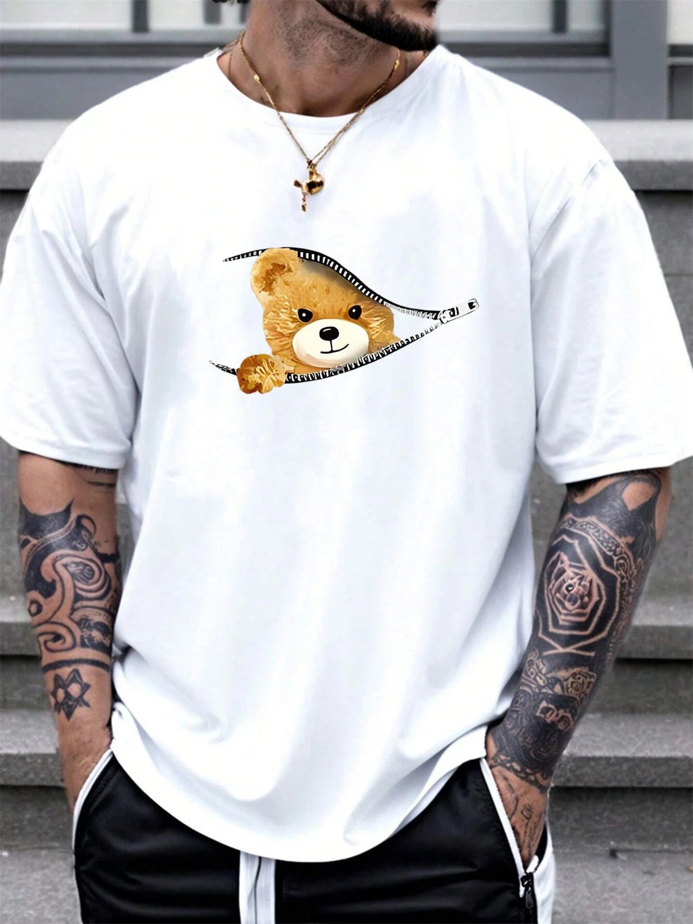 cotton men's summer loose fitting Stylish Bear Pattern short sleeved T-shirt
