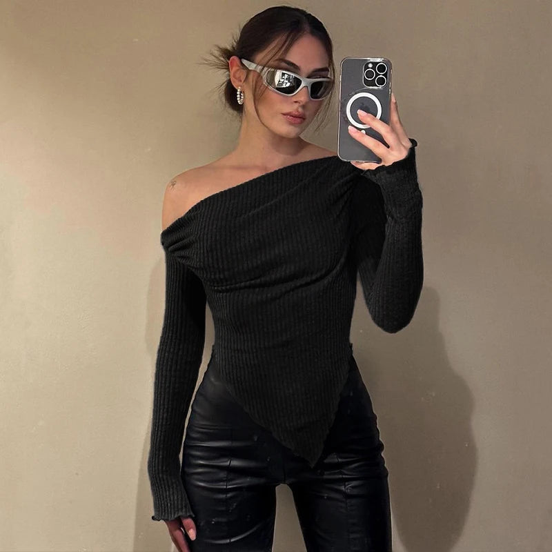 New T-shirt Women Sexy Black Skew Collar Tees Fashion Long Sleeves Asymmetrical Lady Elegant Versatile Clothing