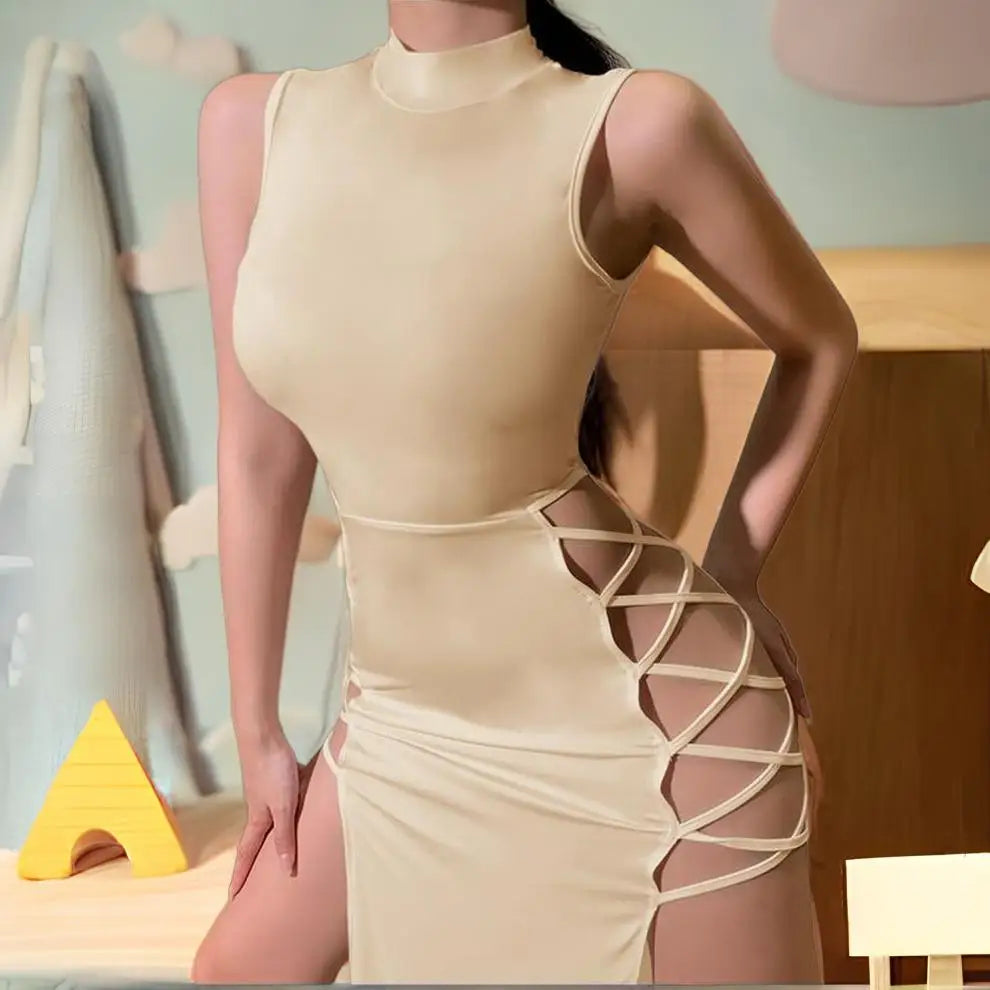 Women Sexy Sleeveless Turtleneck Bandage Tank Slit Dress