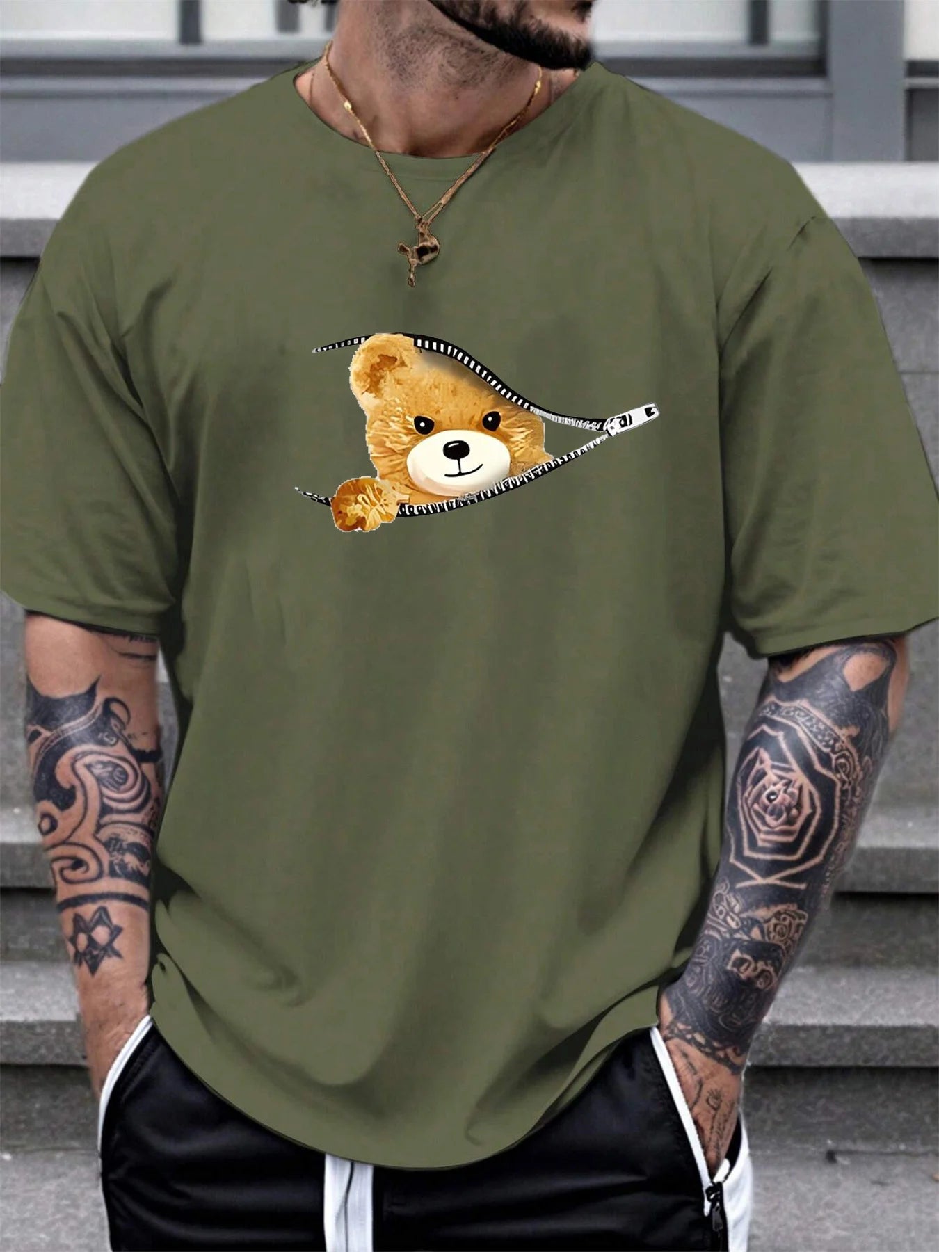 cotton men's summer loose fitting Stylish Bear Pattern short sleeved T-shirt