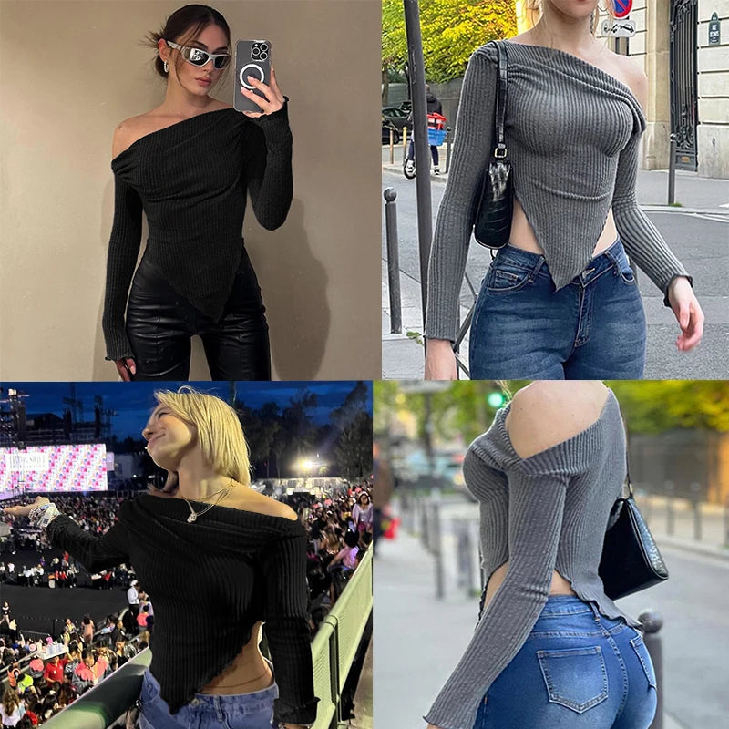 New T-shirt Women Sexy Black Skew Collar Tees Fashion Long Sleeves Asymmetrical Lady Elegant Versatile Clothing