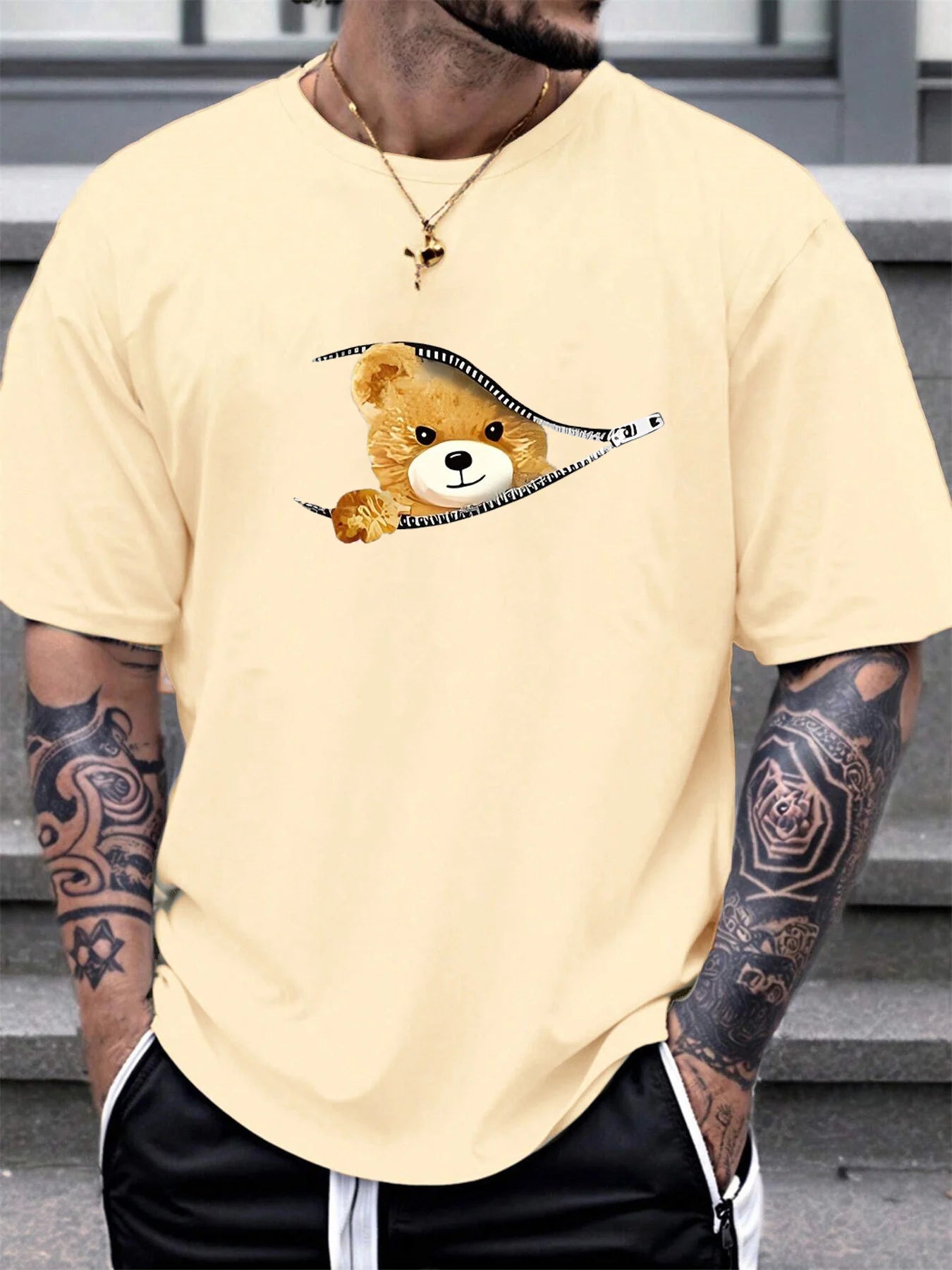 cotton men's summer loose fitting Stylish Bear Pattern short sleeved T-shirt